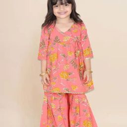 AJ Dezines Kids Peach Cotton Floral Print Kurta Set-image-95