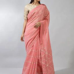 Fabindia Peach Zari Work Saree Without Blouse-image-91
