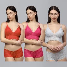 AROUSY Red & Pink Self Pattern Bra Panty Set - Pack Of 3-16