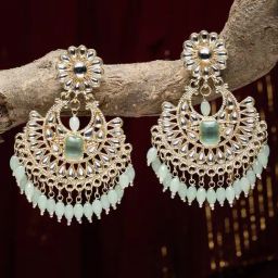 Zeneme Gold Plated Kundan Green Pearl Contemporary Chand Bali Earrings-29