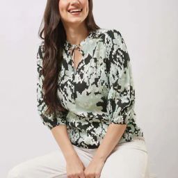 Globus Women Black Tie-up V-neck Bishop Sleeves Abstract Print Top-picture-38