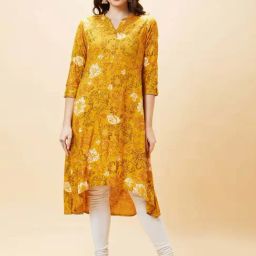 Globus Yellow Floral Print A Line Kurta-image-43