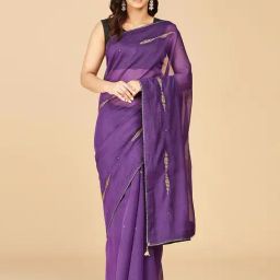 Fabindia Purple Embroidered Saree Without Blouse-image-57