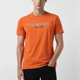 Van Heusen Orange Cotton Regular Fit Printed T-Shirt-image-5