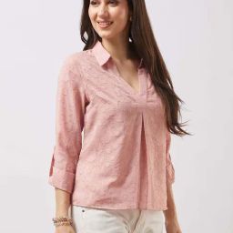 Globus Women Pink Collared V-neck Roll-up Sleeves Floral Self Design Shirt Style Top-picture-12
