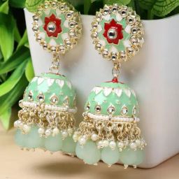 Zeneme Gold Plated Blue Enamelled & Blue Pearls Floral Jhumki Earrings-91