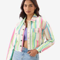 The Souled Store Multicolor Cotton Striped Denim Jacket-image-50