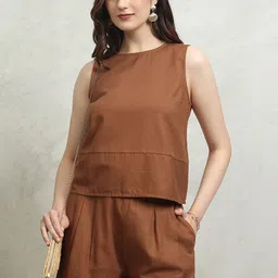 Tokyo Talkies Brown Round Neck Pure Cotton Top With Shorts-picture-40