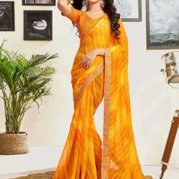 Satrani Yellow Leheriya Saree With Unstitched Blouse-image-9