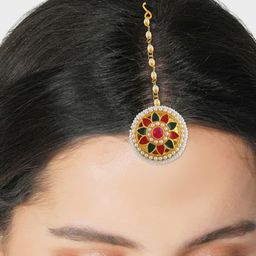 MEMOIR Gold Plated Stone Studded & Beaded Bindi Borla Brass Maang Tikka-picture-54