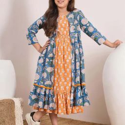 Pspeaches Girls Orange Cotton Regular Fit Floral Print Dress-picture-23