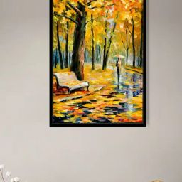 Art Street Rain Park Bench Lovers Street Lamp Woods Printed Multicolor Engineered Wood Wall Art-40