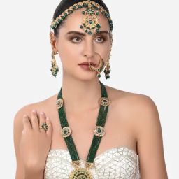 Zaveri Pearls Green Crystal Beaded Bridal Necklace Earring Ring MathaPatti & Nose Ring Set-ZPFK14382-image-78