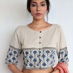 Chidiyaa Ivory Grey Handprinted Cotton God Crop Top-picture-1