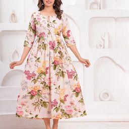 mad fury Women Floral Printed Gathered or Pleated Cotton Maternity Fit & Flare Midi Dress-95