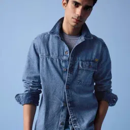 ANDAMEN Blue Regular Fit Cotton Shacket-image-50