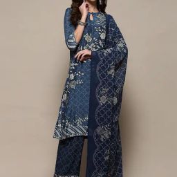 Biba Indigo Blue Floral Print Kurta Palazzo Set With Dupatta-image-82