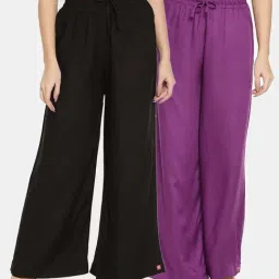 TWIN BIRDS Black & Purple Mid Rise Palazzos - Pack Of 2-11