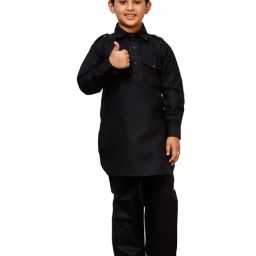 Pro-Ethic Style Developer Kids Black Solid Full Sleeves Pathani Kurta with Pyjamas-image-8