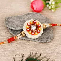 eCraftIndia Red, Orange & White Floral Designer Rakhi with Roli Chawal Pack for Bhai-image-19
