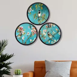 999Store Blue Mdf Birds On The Flowers Stem Round Wall Art - Set of 3-image-20