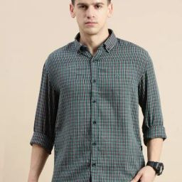 showoffff SHOWOFF Green Cotton Slim Fit Checks Shirt-picture-26
