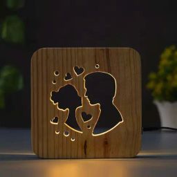 eCraftIndia Brown Wooden Lovely Couple With Small Hearts Carving Led Table Lamp Showpiece-6