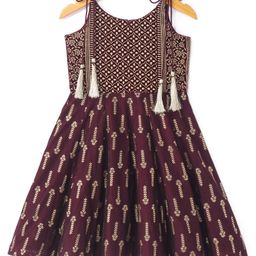 Babyhug Woven Foil Printed Sleeveless Ethnic Dress - Maroon-image-82