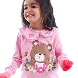 Babyhug Cotton Knit Full Sleeves Sweatshirt With Teddy Graphics & Lace Detailing - Pink-image-68