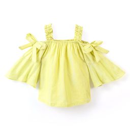 Babyhug Cotton Lurex Woven Off Shoulder Bell Sleeves Top with Knot Detailing - Lime Green-image-59