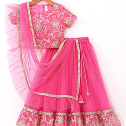 Babyhug Half Sleeves Zari Embroidered Choli with Net Lehenga and Dupatta Set - Pink-image-92