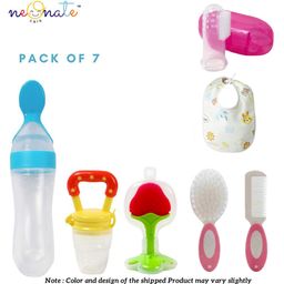 NeonateCare Baby Fruit Feeder Spoon Feeder Fruit Teether Finger Brush Baby bibs Hair Brush( 1pcs each) (Bibs - Fruit Feeder - Brush - Spoon feeder - fruit teether - hair Brush comb) - Multicolor ( color and design may vary)-12