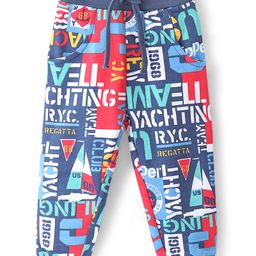Babyhug Cotton Looper Knit Full Length Lounge  Pant Text Print -  Navy Blue-image-80