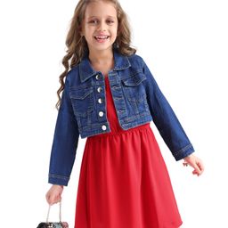 Hola Bonita Cotton Woven Full Sleeves Denim Jacket with Solid Textured Fabric Dress - Red & Navy Blue-image-3