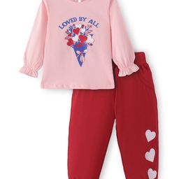 Doodle Poodle Cotton Knit Full Sleeves T-Shirt & Lounge Pants Set With Hearts Print - Rose Pink & Tango Red-11