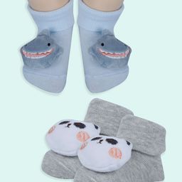 Baby Moo Pack of 2 Cotton Shark & Panda Applique Detailed Anti Skid Socks - Blue & Beige-image-63