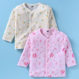 Pink Rabbit Sinker Knit Full Sleeves Front Open Vests Teddy Bear Print - Pink & Lemon Yellow-0