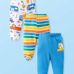 Babyhug Cotton Knit Striped & Vehicle Printed Footed Leggings Pack of 3 - White Yellow & Blue-image-96