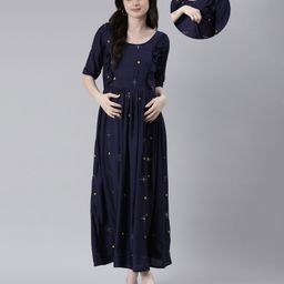 Swishchick Rayon Half Sleeves Ethnic Embroidered & Sequins Embellished Maternity Dress With Zip Nursing Access - Blue-picture-14