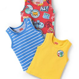 Babyhug 100% Cotton Single Jersey Knit Sleeveless Sandos With Stripes & Tiger Print Pack Of 3 - Yellow Blue & Red-image-95