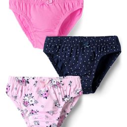 Honeyhap Premium Cotton Elastane Knit Panties with Polka Dots Design & Floral Print Pack of 3 - Navy Blue Light Pink & Pink-image-45