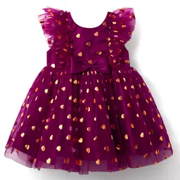 Babyhug Woven Frill Sleeves Fit & Flare Mesh Party Dress with Glitter Print & Bow Applique - Purple-picture-18