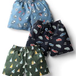 CUCUMBER Sinker Knit Above Knee Length Short With Vehicle & Boat Print Pack Of 3 - Light Blue Black & Olive Green-image-56