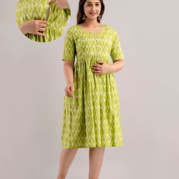 CeleBravo Cotton Half Sleeves Ikat Printed Maternity Dress With Nursing Access - Green-image-4