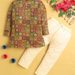 Jeet Ethnics Cotton Blend Full Sleeves Floral Printed Kurta Pyjama Set - Mustard-image-20