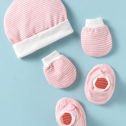 Ben Benny Interlock Knit Cap Mitten & Booties Set with Stripe Print Pink & White - Diameter 10 cm-image-81