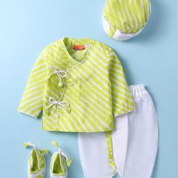 Exclusive from Jaipur Cotton Woven Full Sleeves Striped Kurta Dhoti Set With Booties & Hat - Light Green & White-picture-16