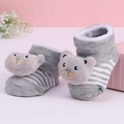 Cute Walk by Babyhug Striped Fabric Socks With Teddy Bear Applique - Grey-image-83