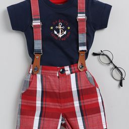 Wonderchild Half Sleeves Anchor Embroidered Shirt & Checked Shorts With Suspender Set - Navy Blue & Red-image-95