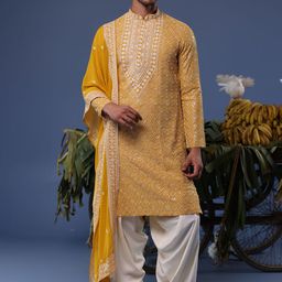 KALPRAAG Embroidered Mandarin Collar Straight Thread Work Kurta With Patiala And Dupatta-image-91